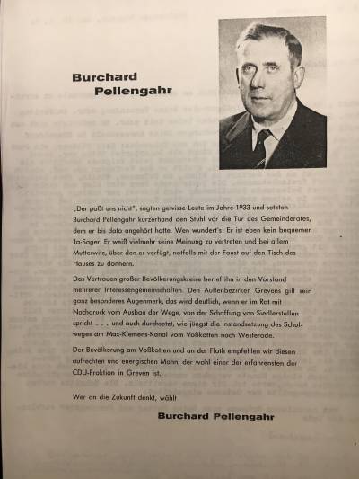 So sah ein Flyer meines Grovaters, Burchard Schulze Pellengahr (CDU), zur Kommunalwahl am 28.10.1956 in Greven aus...
