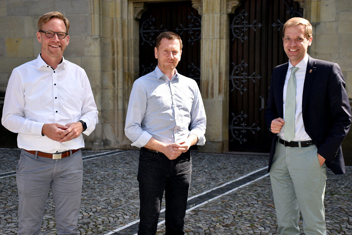 Marc Henrichmann, MdB, Michael Kretschmer und Dr. Christian Schulze Pellengahr im Austausch in Lüdinghausen